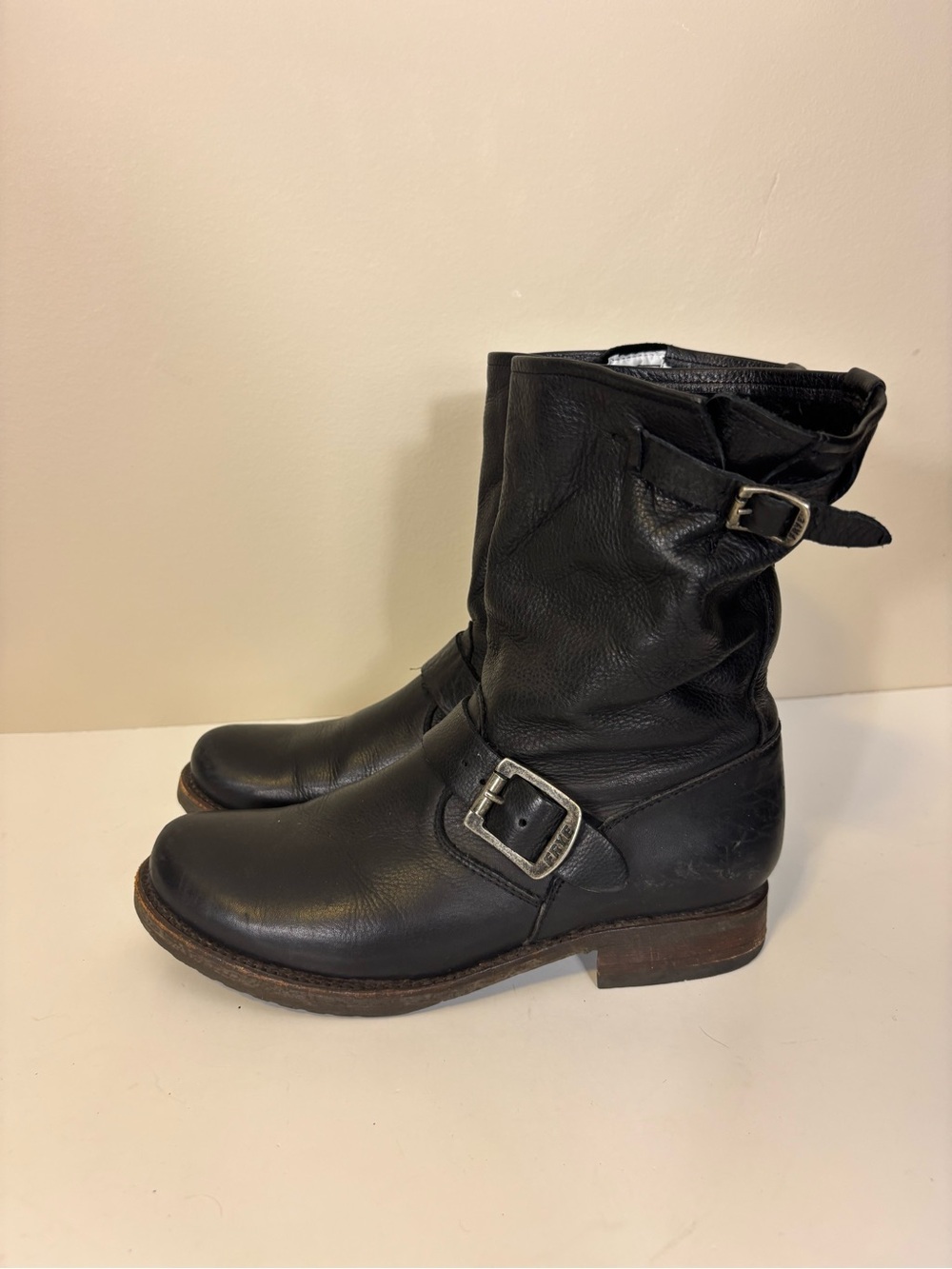 Frye Black Leather Buckle Moto Boots for Women 7